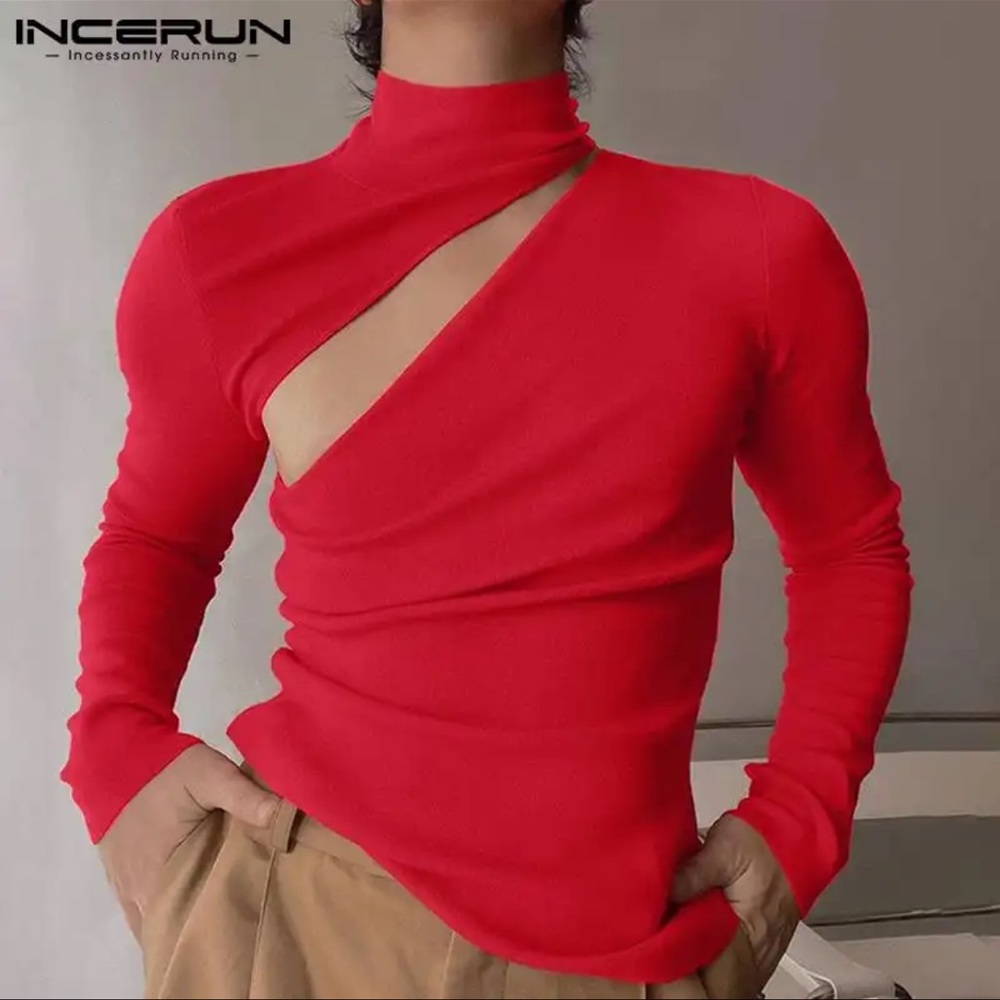 Men’s bright red long sleeve cut out sexy shirt